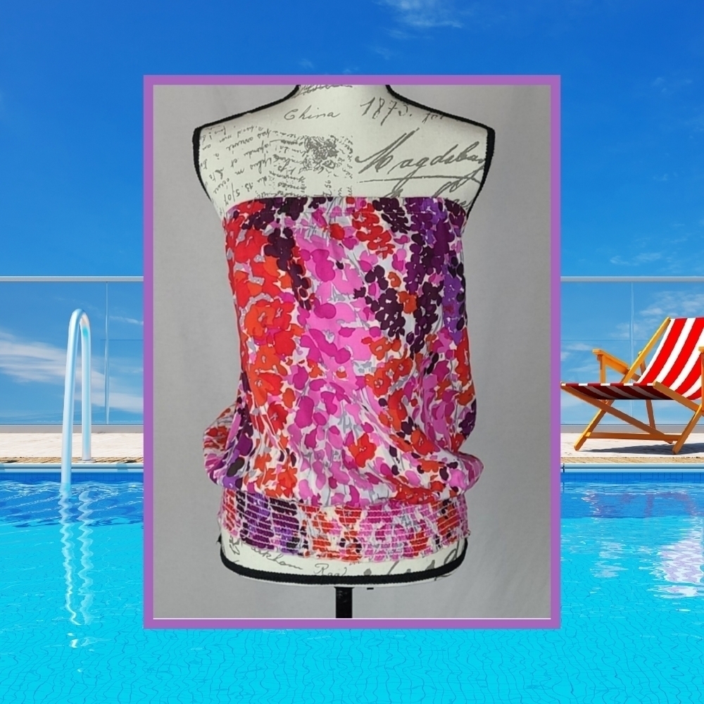 Tube Top Purple Pink Red Floral Vintage - Picture 4 of 5